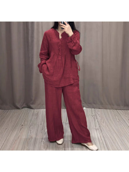 Women's Linen Blend Pleated Shirt & Wide-Leg Trouser Co-Ord Set