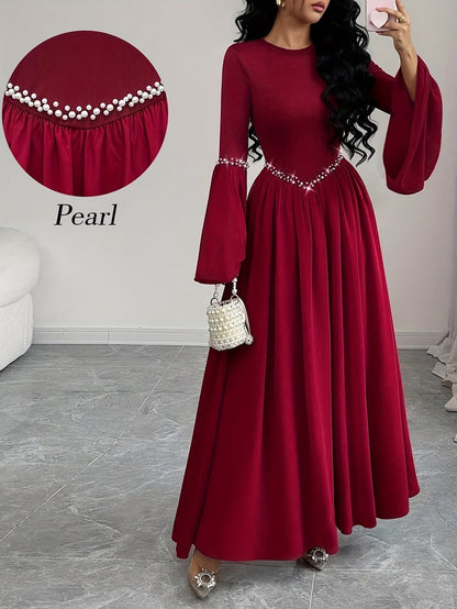 Elegant Pearled A-Line Long Sleeve Dress for Women