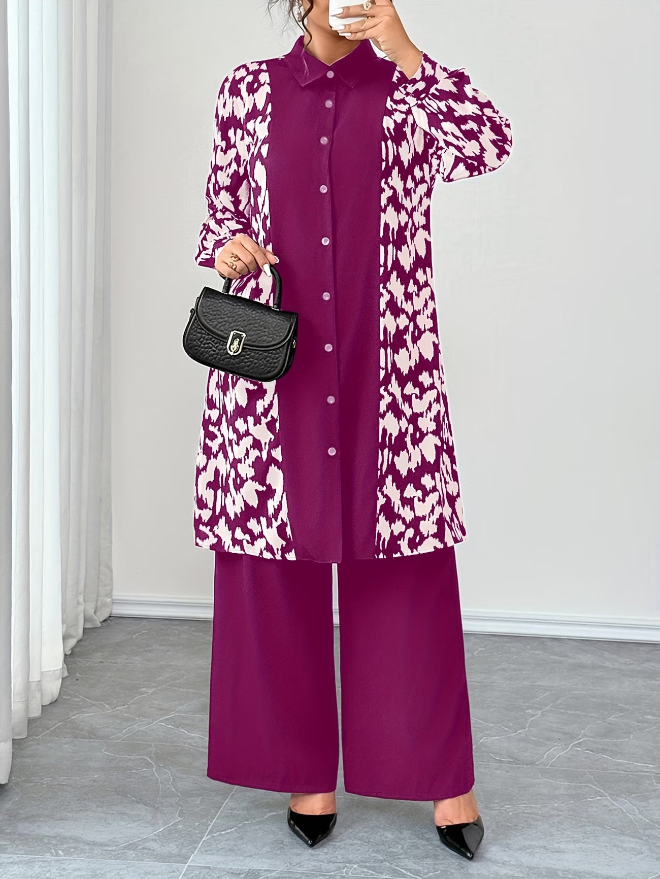 Women's Elegant Patchwork Cardigan, Mid-Length Shirt & Straight-Leg Trousers Set