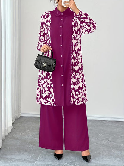 Women's Elegant Patchwork Cardigan, Mid-Length Shirt & Straight-Leg Trousers Set