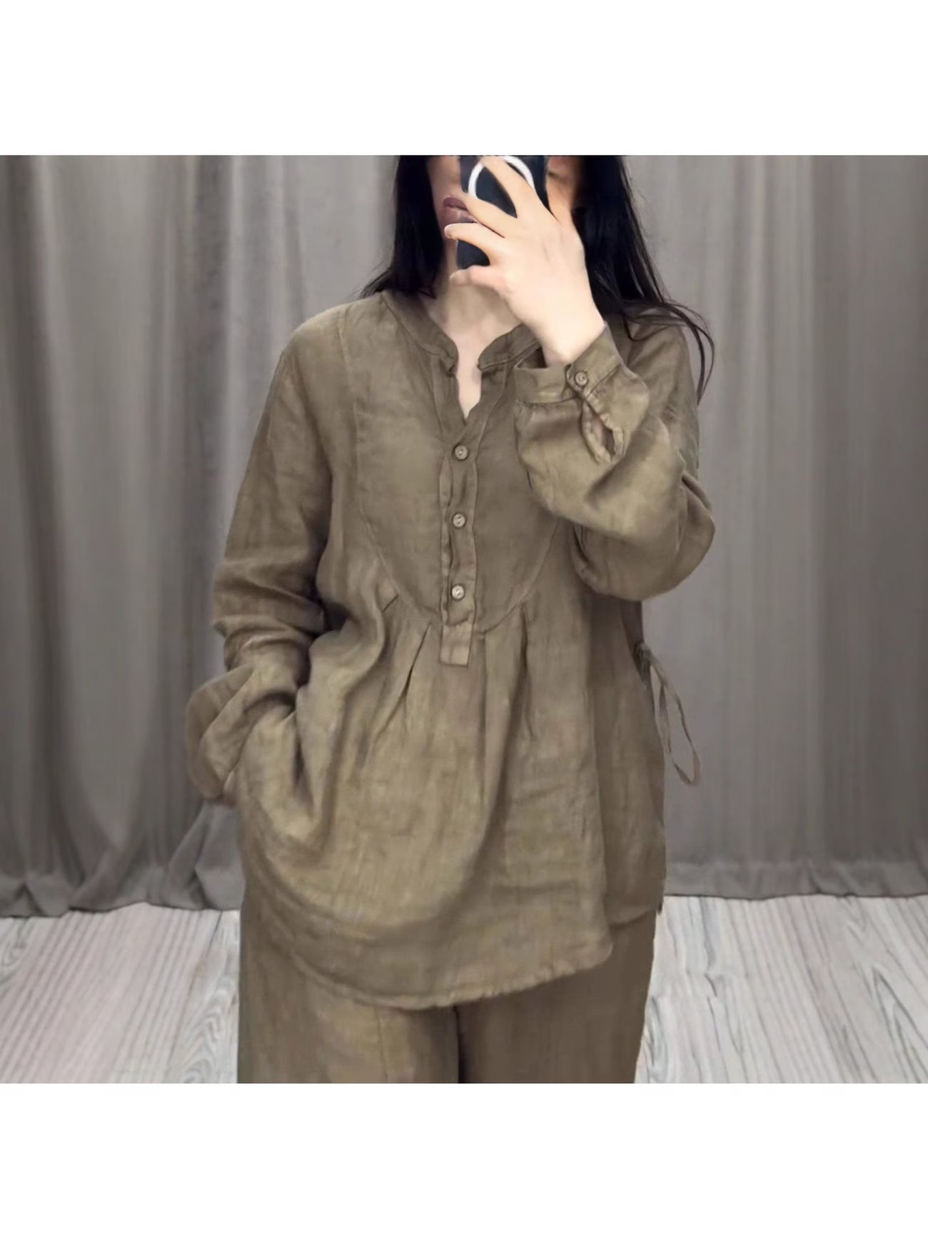 Women's Linen Blend Pleated Shirt & Wide-Leg Trouser Co-Ord Set