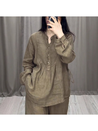 Women's Linen Blend Pleated Shirt & Wide-Leg Trouser Co-Ord Set