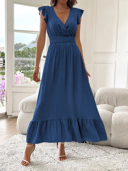 Elegant Ruffle Sleeve Surplice Neck Dress – Space Lightweight & Flattering Summer Style