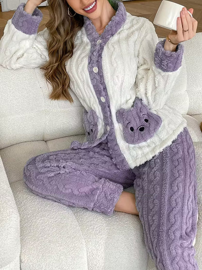 Pack Of 2 Women’s Winter Loungewear Set – Bear Embroidery, Soft And Comfortable