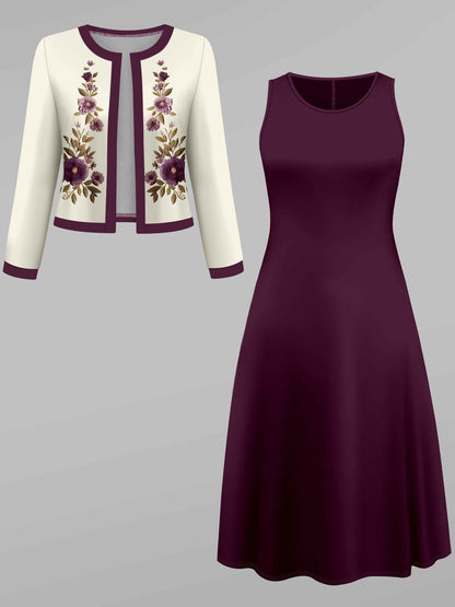 Women’s Printed Cardigan Top & Skirt Elegant 2pcs Set