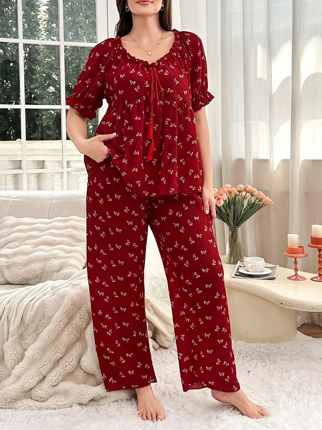 Chic Bow Print Lounge Co-Ord Set