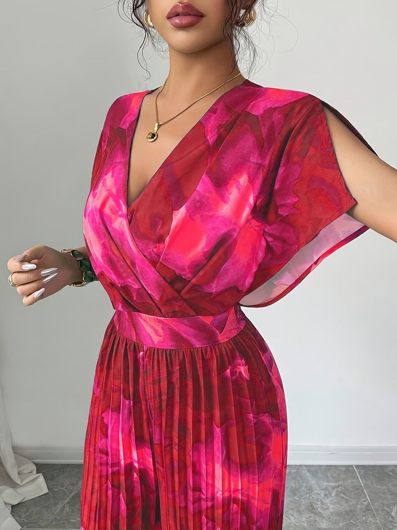 Elegant Women’s Batwing Sleeve Jumpsuit – V-Neck Abstract Print Wide-Leg Summer Outfit
