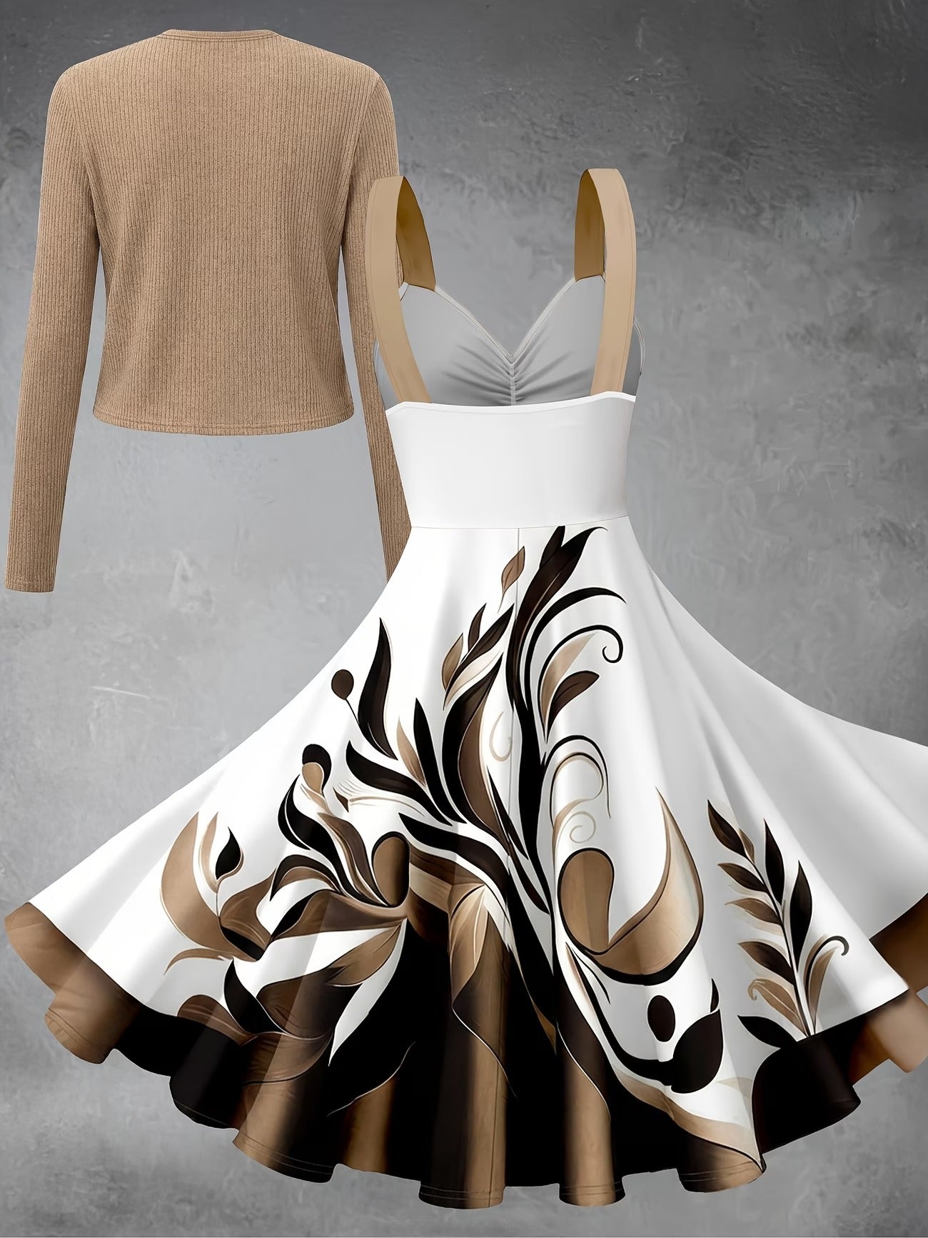 Elegant Floral Suspender Dress Set with Chic Long-Sleeve Blazer