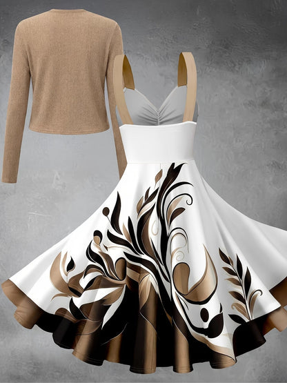 Elegant Floral Suspender Dress Set with Chic Long-Sleeve Blazer