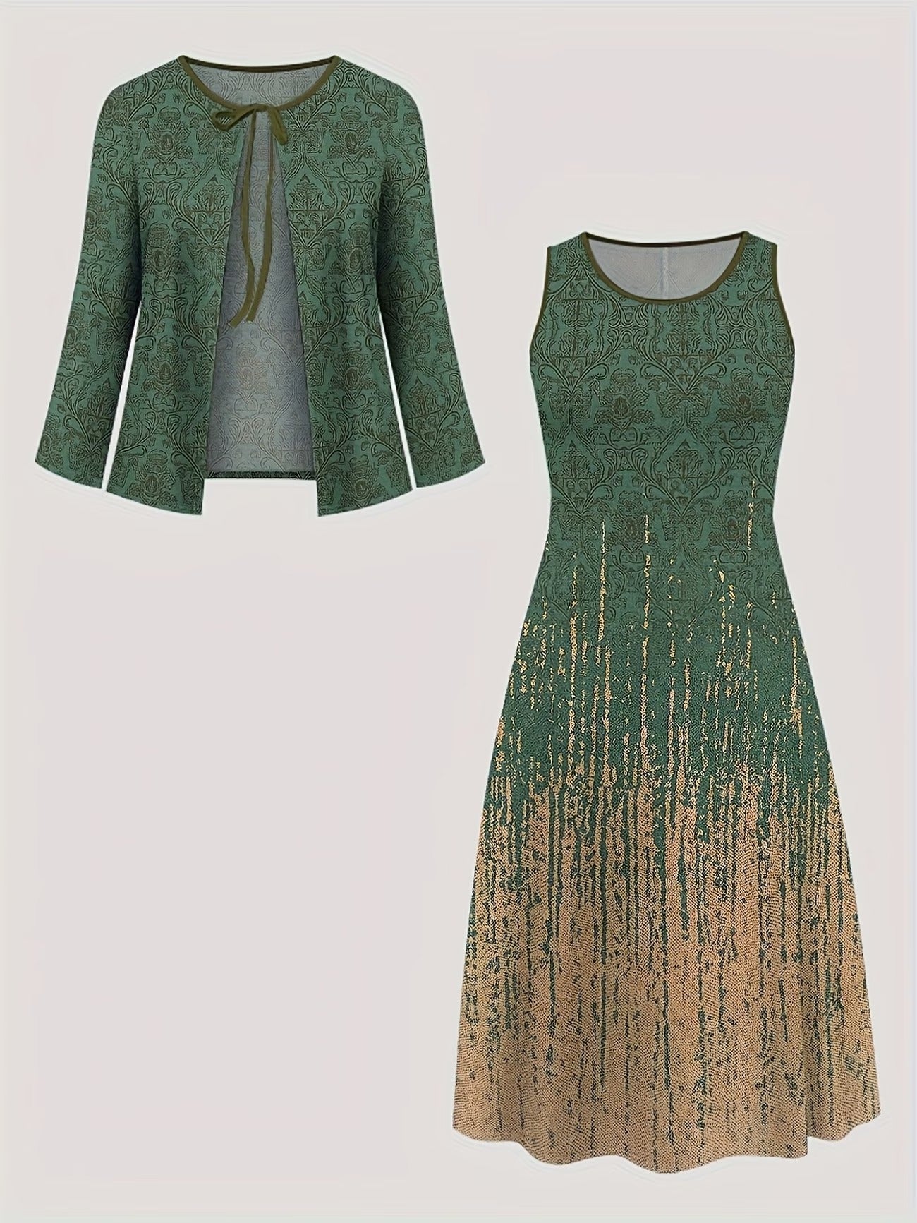 Elegant Layered Two-Piece Midi Dress Set with Tie-Front Cardigan – Flowy Printed Everyday & Occasion Wear
