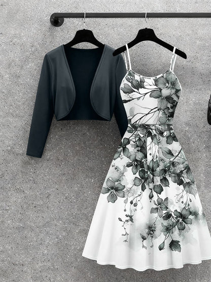 Elegant Floral Tie Dress with Solid Color Cardigan – Stylish Two-Piece Women’s Set
