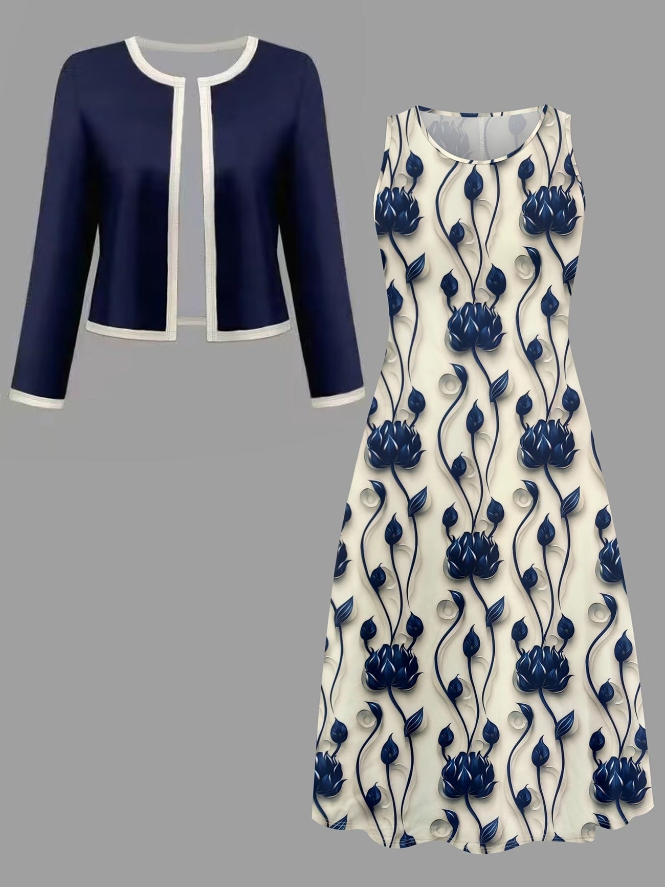 Elegant Solid Color Cardigan with Printed Flared Skirt – Stylish Two-Piece Women’s Fashion Set
