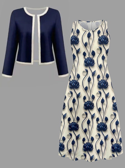 Elegant Solid Color Cardigan with Printed Flared Skirt – Stylish Two-Piece Women’s Fashion Set