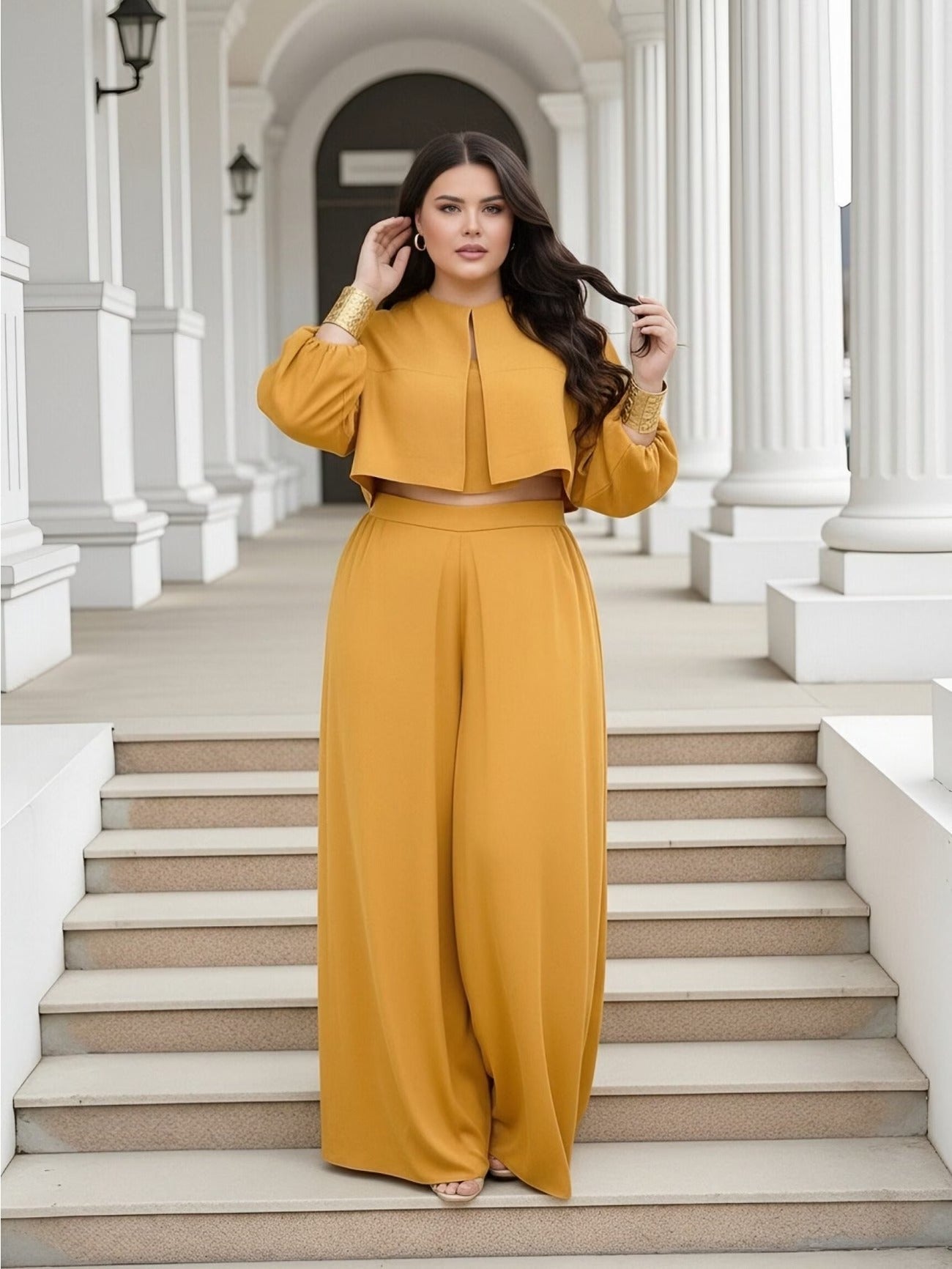 Plus Size Elegant Lantern Sleeve Top & Wide-Leg Pants Set – Chic Two-Piece Suit for Women