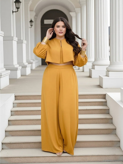 Plus Size Elegant Lantern Sleeve Top & Wide-Leg Pants Set – Chic Two-Piece Suit for Women