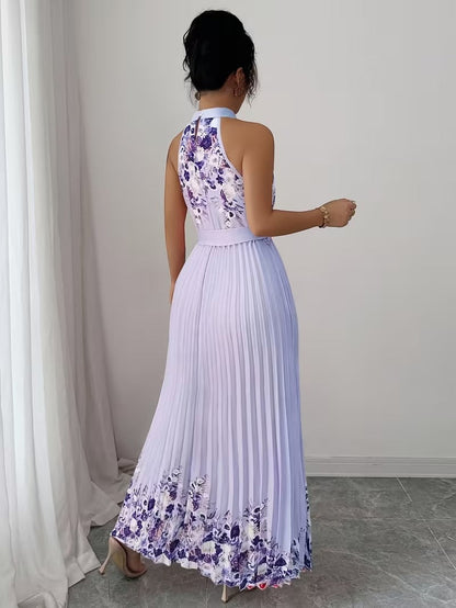 Elegant Floral Halter Neck Pleated Dress – Stylish & Comfortable Summer Outfit for Women