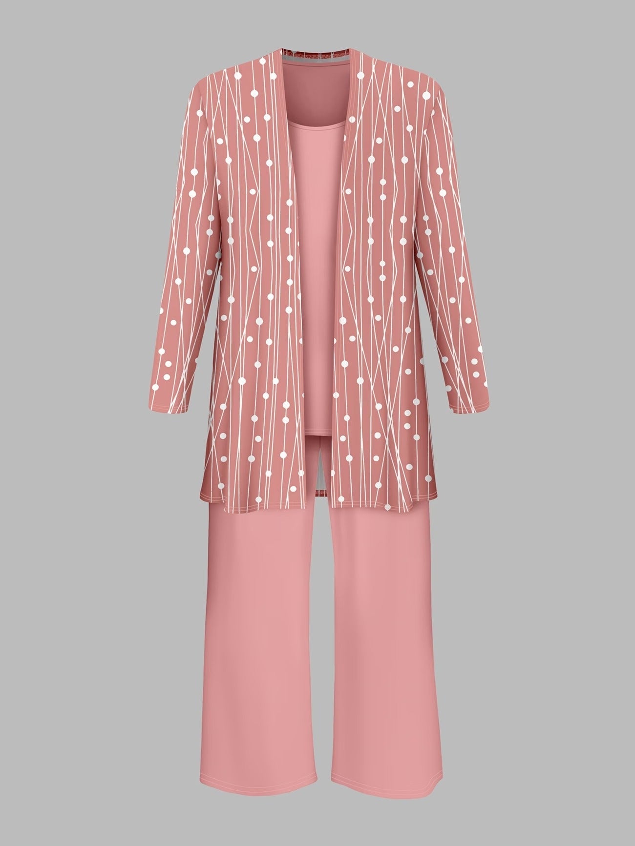 Elegant Polka Dot Cardigan Coat with Solid Suspender Top & Casual Trousers – Stylish 3-Piece Women’s Set