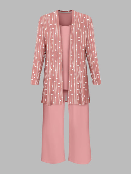 Elegant Polka Dot Cardigan Coat with Solid Suspender Top & Casual Trousers – Stylish 3-Piece Women’s Set