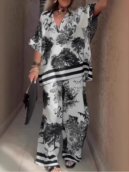 Stylish Oversized Printed Co-Ord Set – Relaxed Shirt & Wide-Leg Pants with Striped Hem for Women