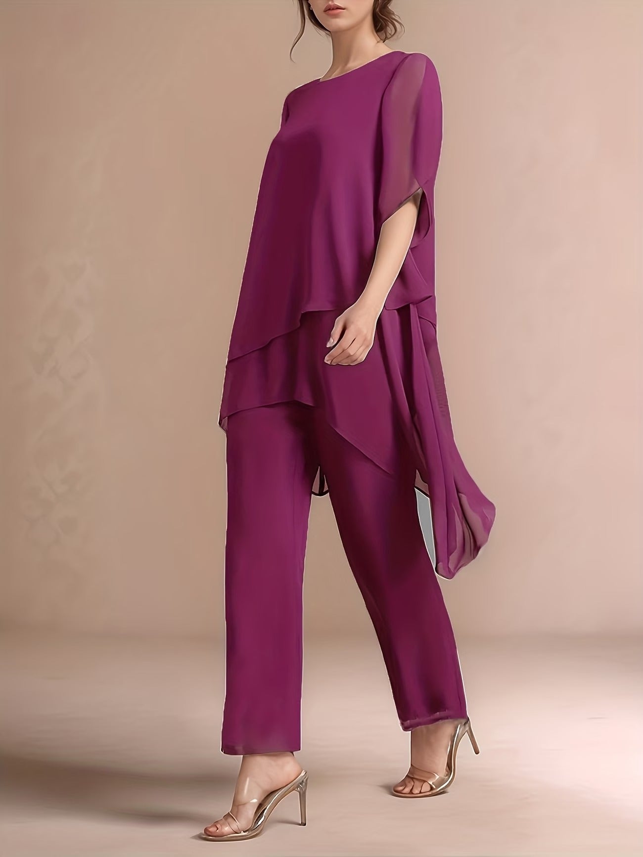 Women'S Chiffon Short Sleeve 2pcs Set Solid Color Irregular Elegant Party Fashion Suit