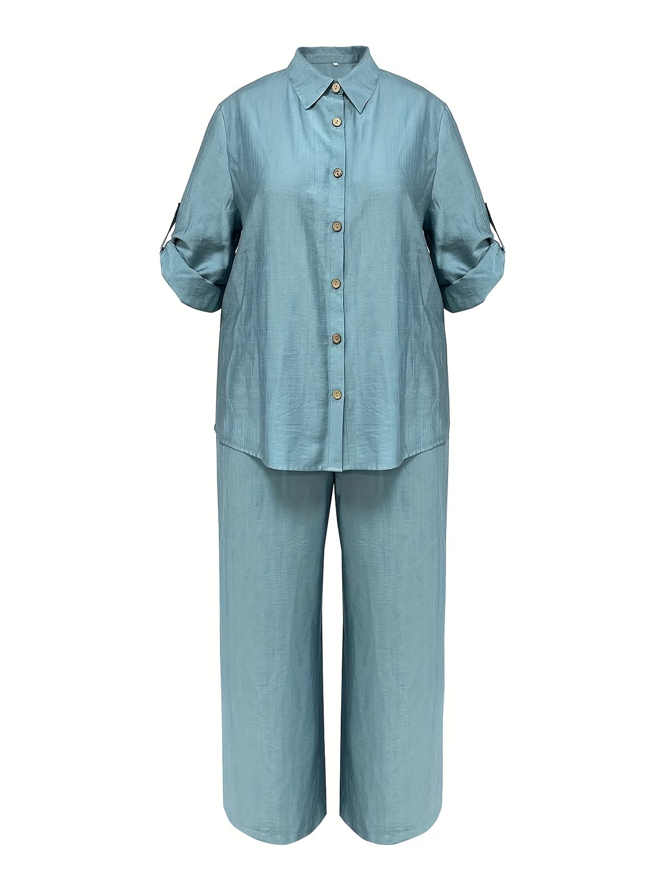Plus Size Women’s Casual Two-Piece Co-Ord Set – Breathable Shirt & Straight-Leg Pants for Spring & Autumn Comfort