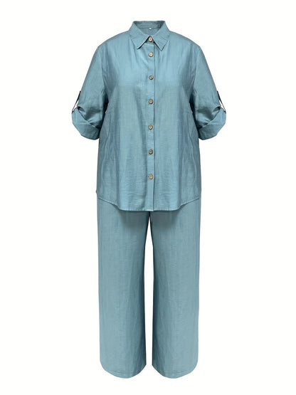 Plus Size Women’s Casual Two-Piece Co-Ord Set – Breathable Shirt & Straight-Leg Pants for Spring & Autumn Comfort