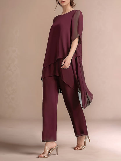 Women'S Chiffon Short Sleeve 2pcs Set Solid Color Irregular Elegant Party Fashion Suit