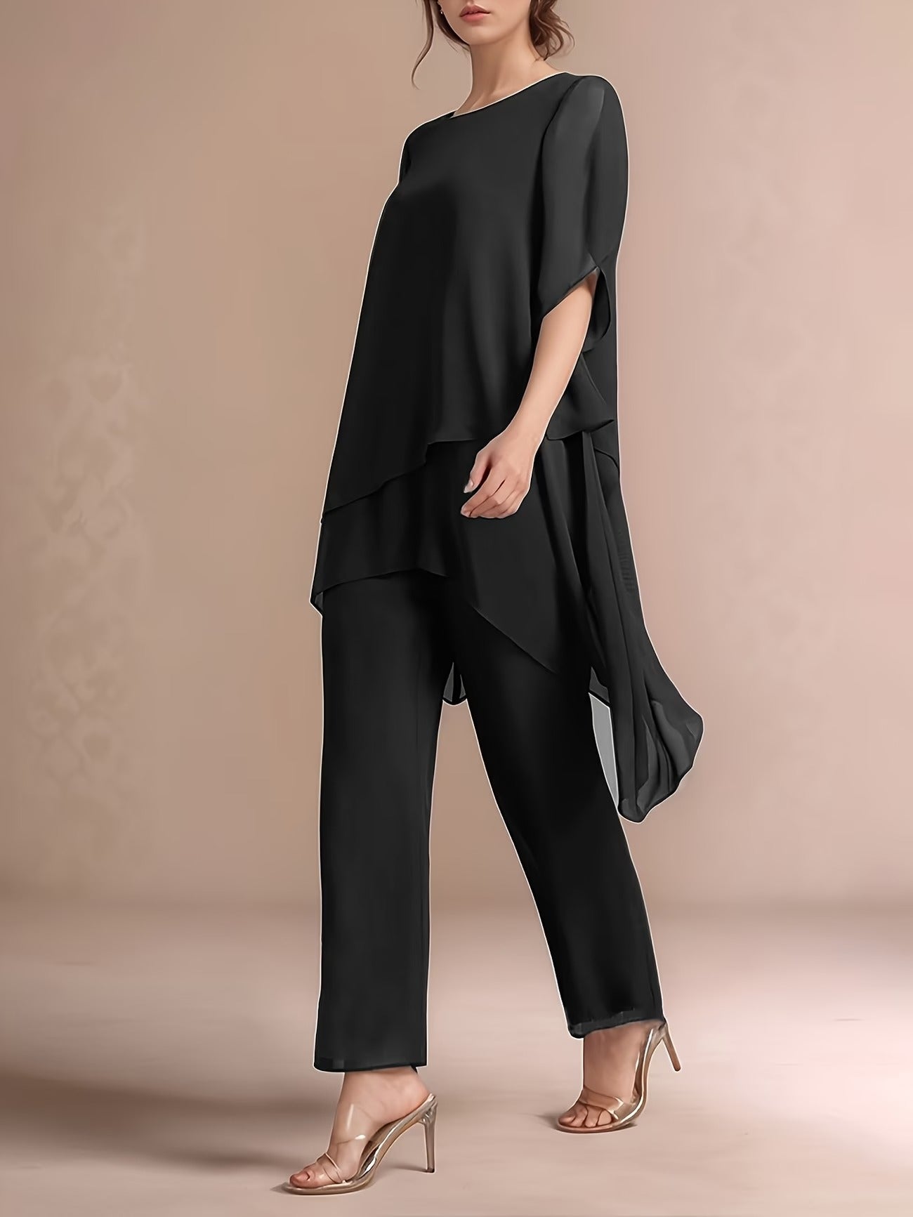 Women'S Chiffon Short Sleeve 2pcs Set Solid Color Irregular Elegant Party Fashion Suit