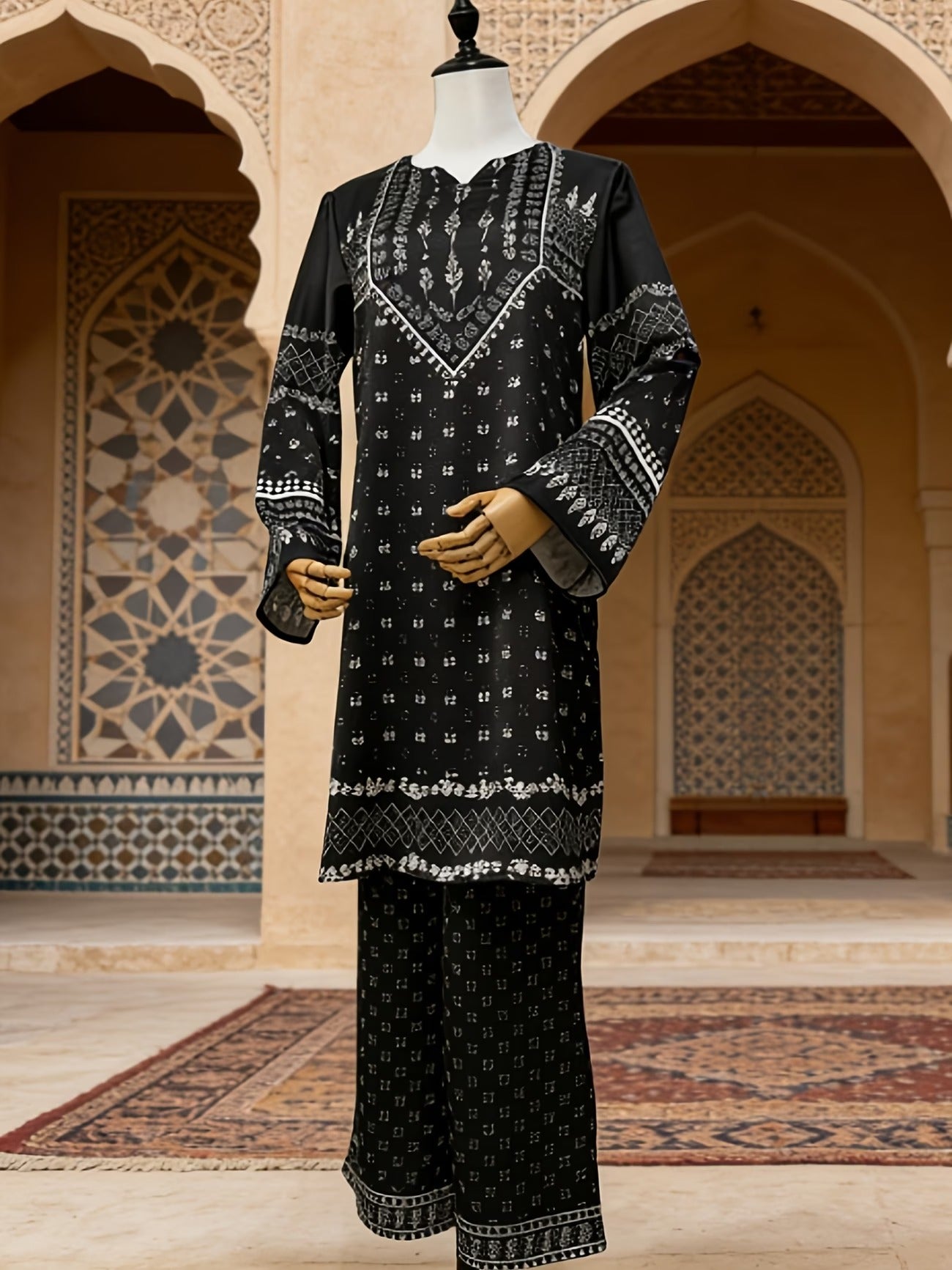 Women’s Luxury Traditional Black Two-Piece Set – Tribal Pattern Long Sleeve Loose Top with Matching Pants (Elegant Muslim Ethnic Style