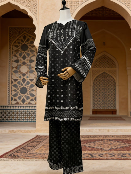 Women’s Luxury Traditional Black Two-Piece Set – Tribal Pattern Long Sleeve Loose Top with Matching Pants (Elegant Muslim Ethnic Style