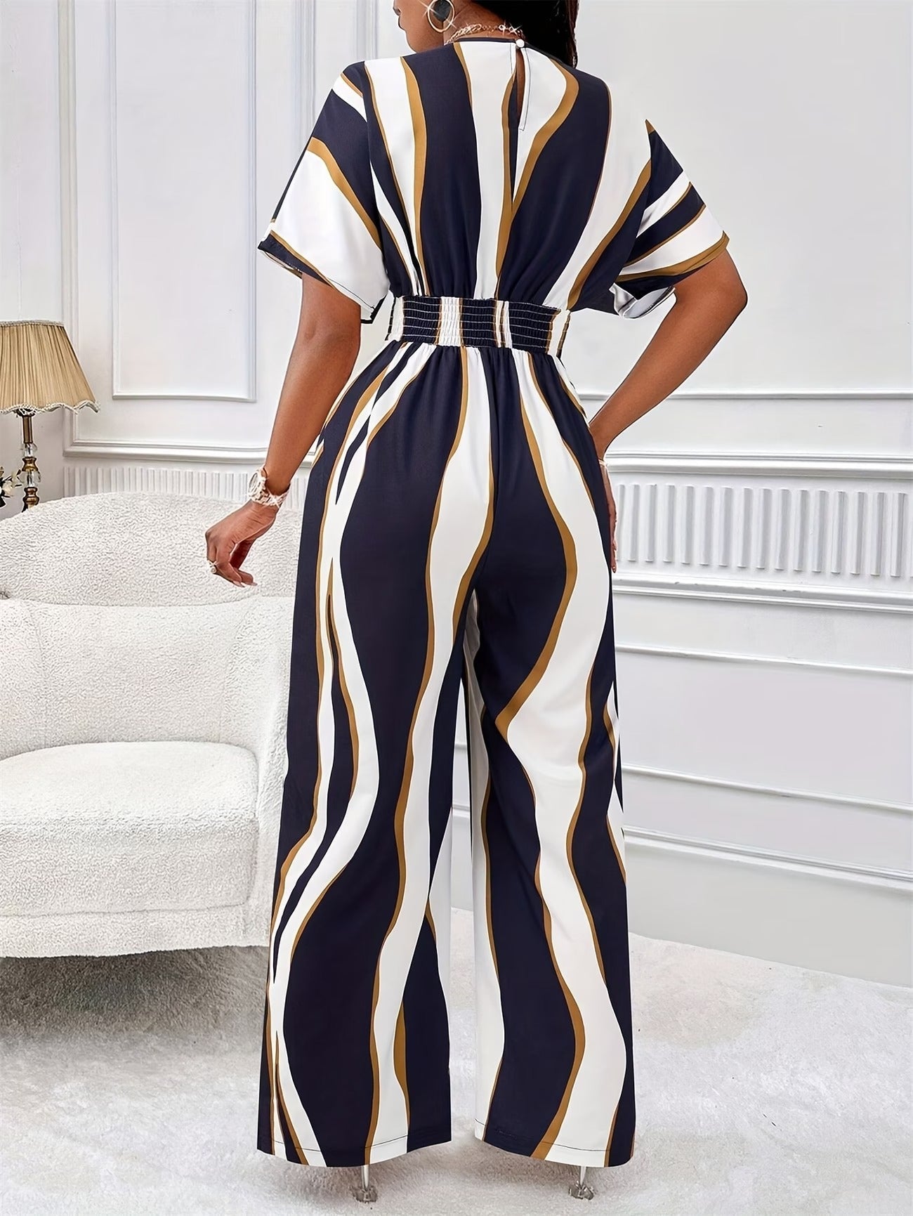Women’s Color Block V-Neck Jumpsuit – Elegant Short Sleeve Wide-Leg One-Piece Outfit with Comfortable Waist Fit for Spring & Summer