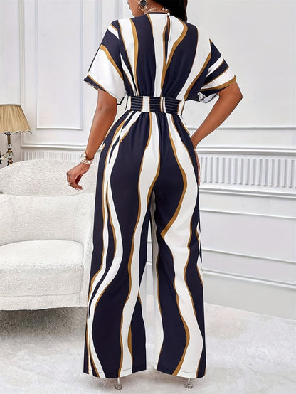 Women’s Color Block V-Neck Jumpsuit – Elegant Short Sleeve Wide-Leg One-Piece Outfit with Comfortable Waist Fit for Spring & Summer