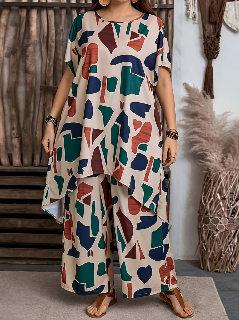 Women’s Geometric Print Top & High-Waist Wide-Leg Pants Co-Ord Set