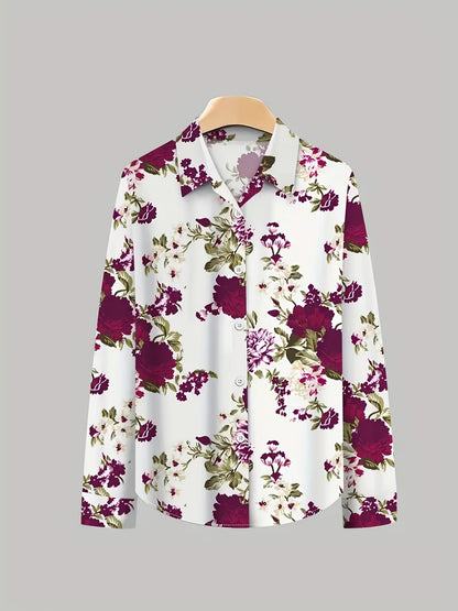 Women’s Floral Long-Sleeve Shirt with Printed Pants – Stylish Two-Piece Everyday Outfit (With Tie & Button Details)