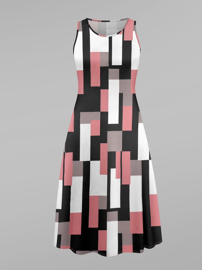 Elegant Geometric Print Dress with Stylish Color-Block Cardigan – Premium Two-Piece Women’s Set