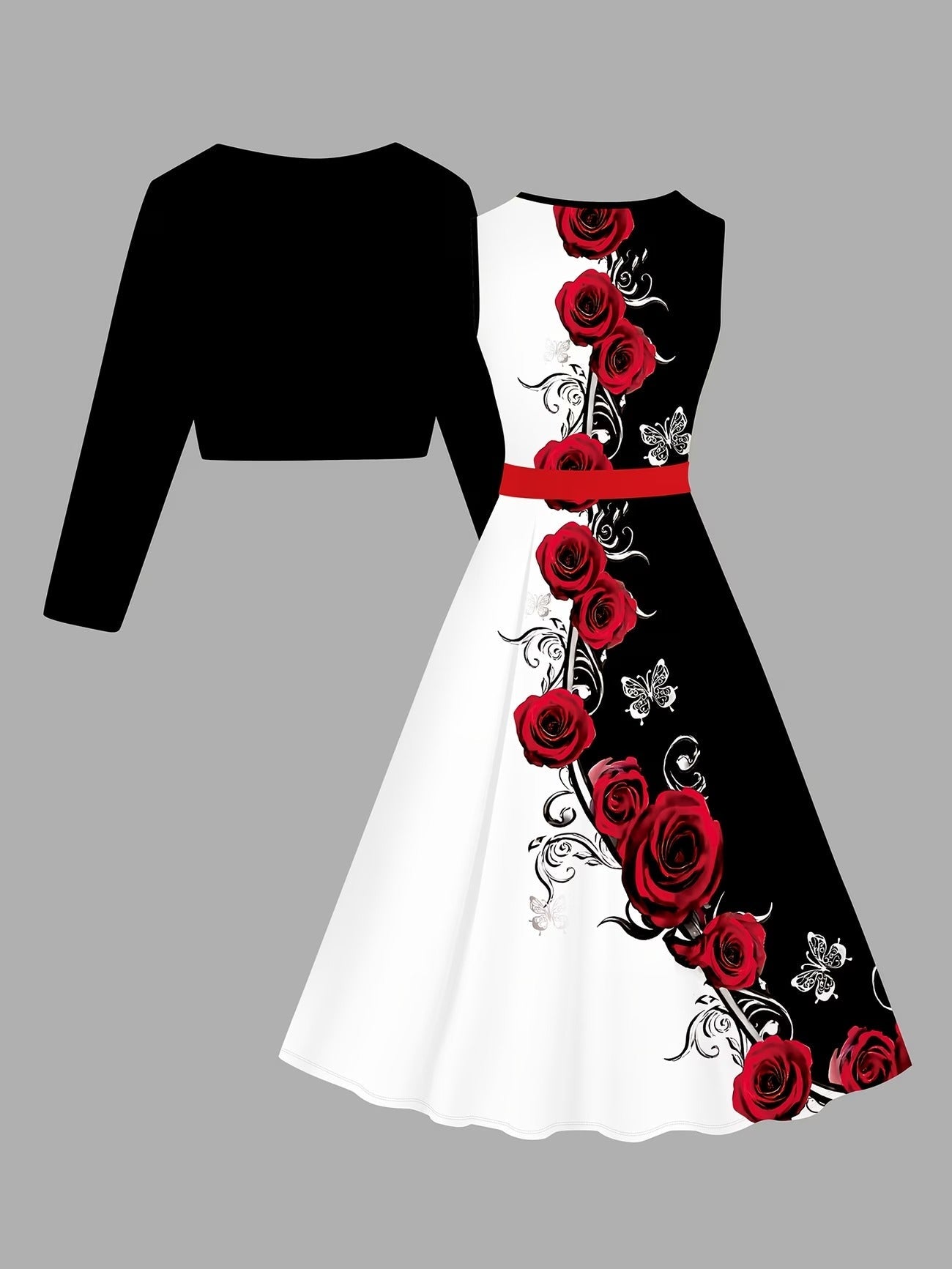 Women’s Black & White Rose Print Dress with Short Jacket & Belt – Elegant 2 Piece Set