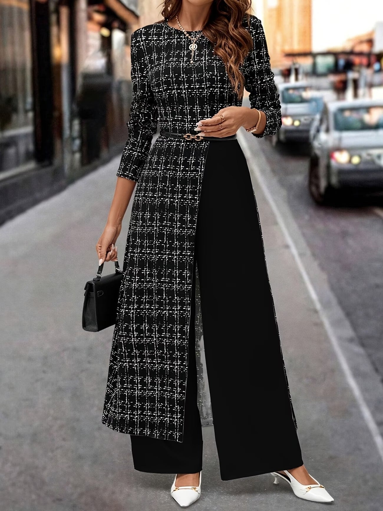 Chic Plaid Commuter Jumpsuit – Asymmetrical Design with Relaxed Straight-Leg Fit