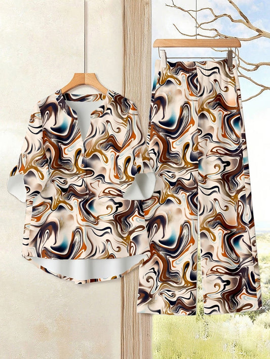 Women’s Floral Long-Sleeve Shirt with Printed Pants – Stylish Two-Piece Everyday Outfit (With Tie & Button Details)