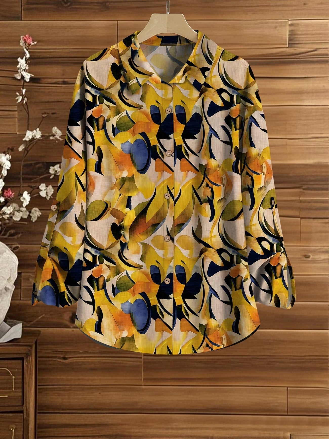Women’s Floral Long-Sleeve Shirt with Printed Pants – Stylish Two-Piece Everyday Outfit (With Tie & Button Details)