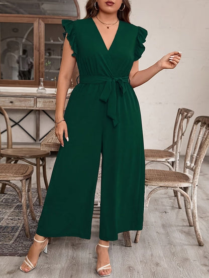 Elegant Ruffle V-Neck Belted Bodysuit – Solid Color Chic Women’s Top