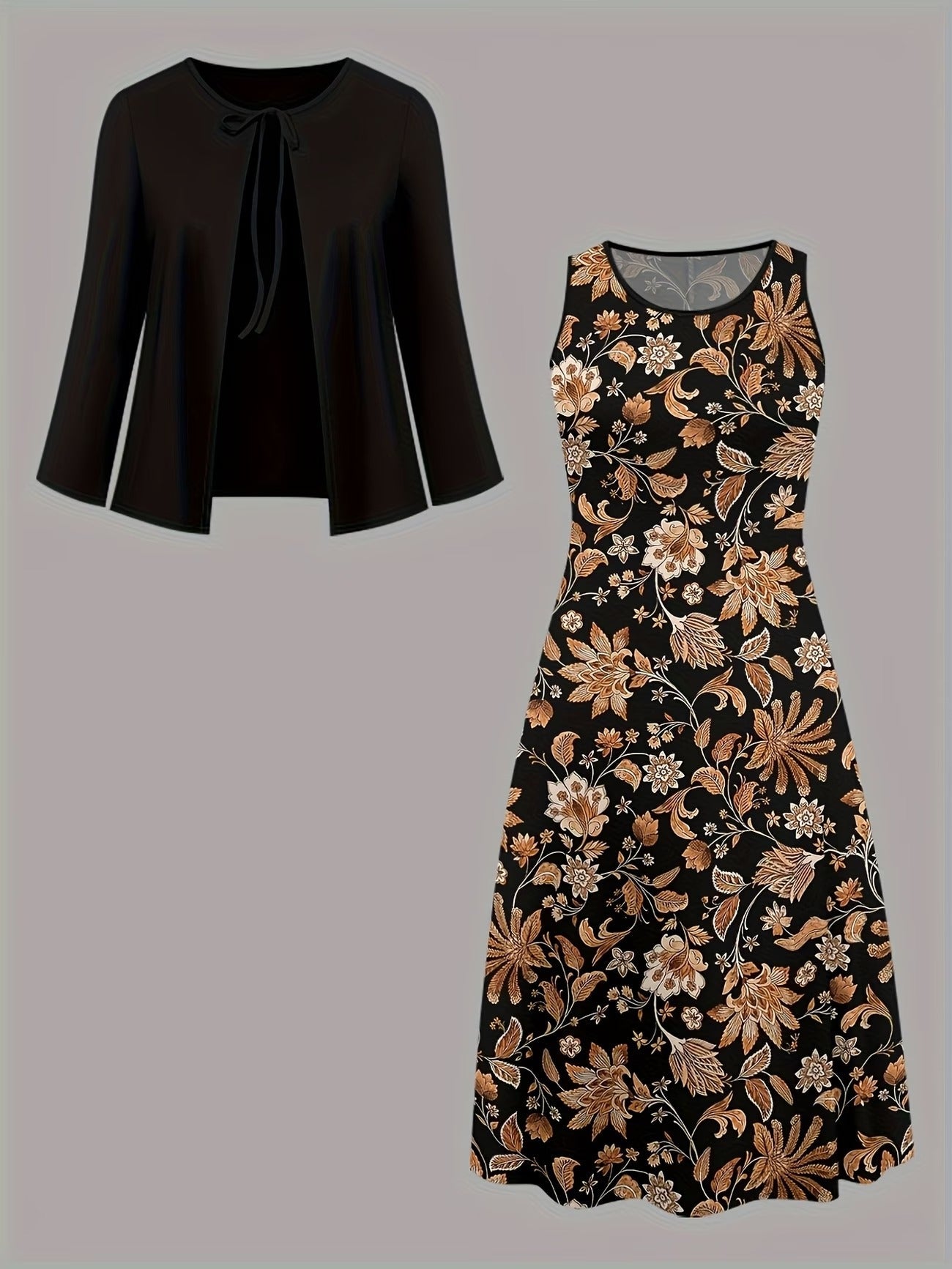 Elegant Layered Two-Piece Midi Dress Set with Tie-Front Cardigan – Flowy Printed Everyday & Occasion Wear