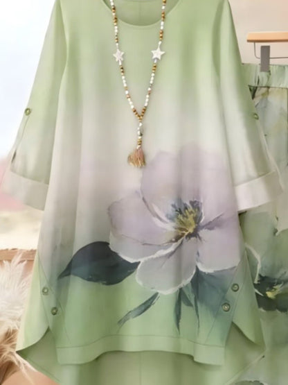Asymmetrical Top with Floral Gradient Printed Wide-Leg Pants | Bohemian Everyday Style