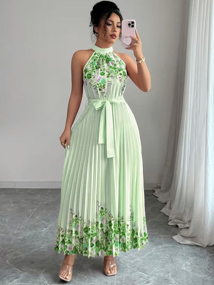 Elegant Floral Halter Neck Pleated Dress – Stylish & Comfortable Summer Outfit for Women