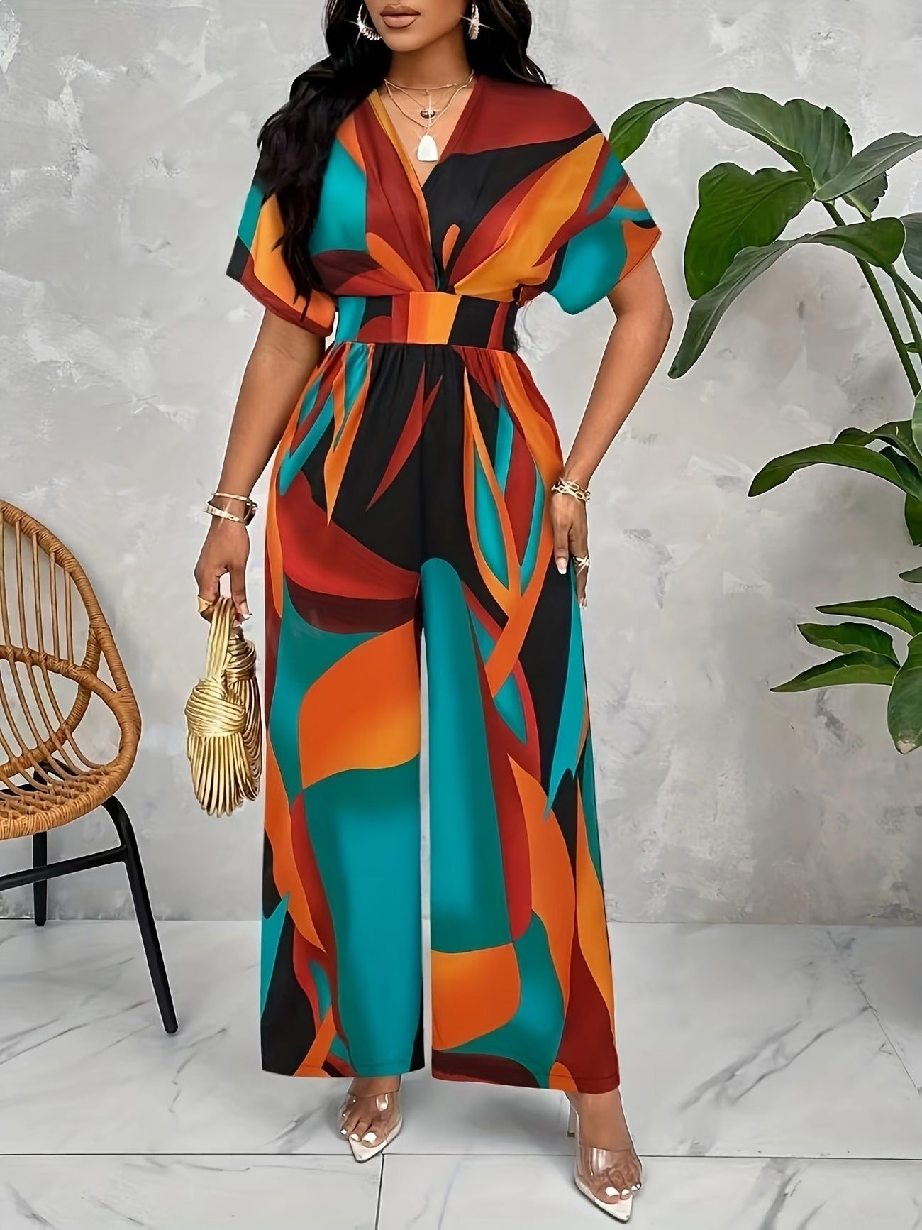 Elegant Women’s Batwing Sleeve Jumpsuit – V-Neck Abstract Print Wide-Leg Summer Outfit