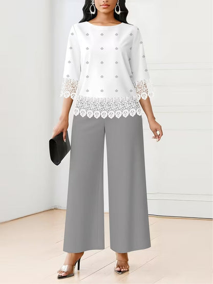 Chic Polka Dot Lace Co-Ord Set – Elegant Round Neck Top with Relaxed Fit Solid Trousers