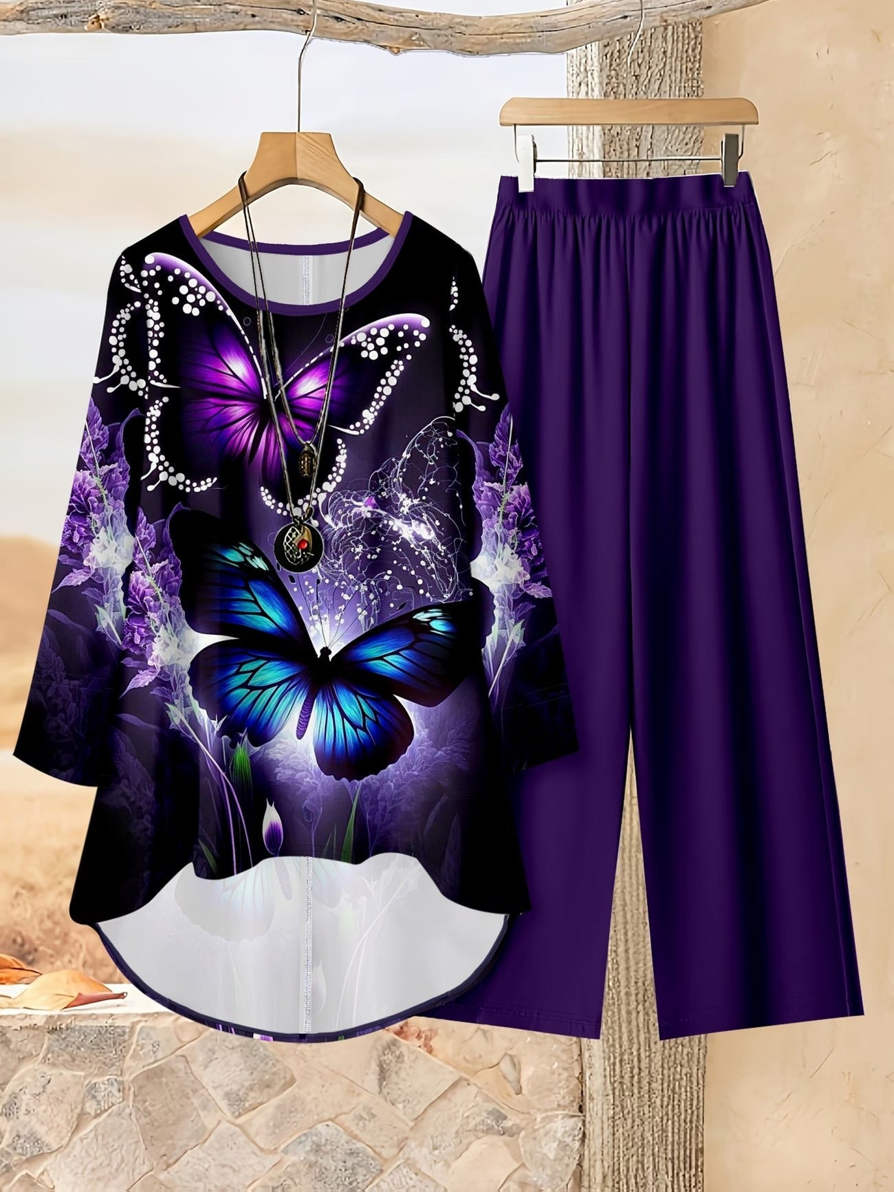 Loose Fit Irregular Print High-Low Hem Top with Solid Pants – Women’s Casual Two-Piece Outfit