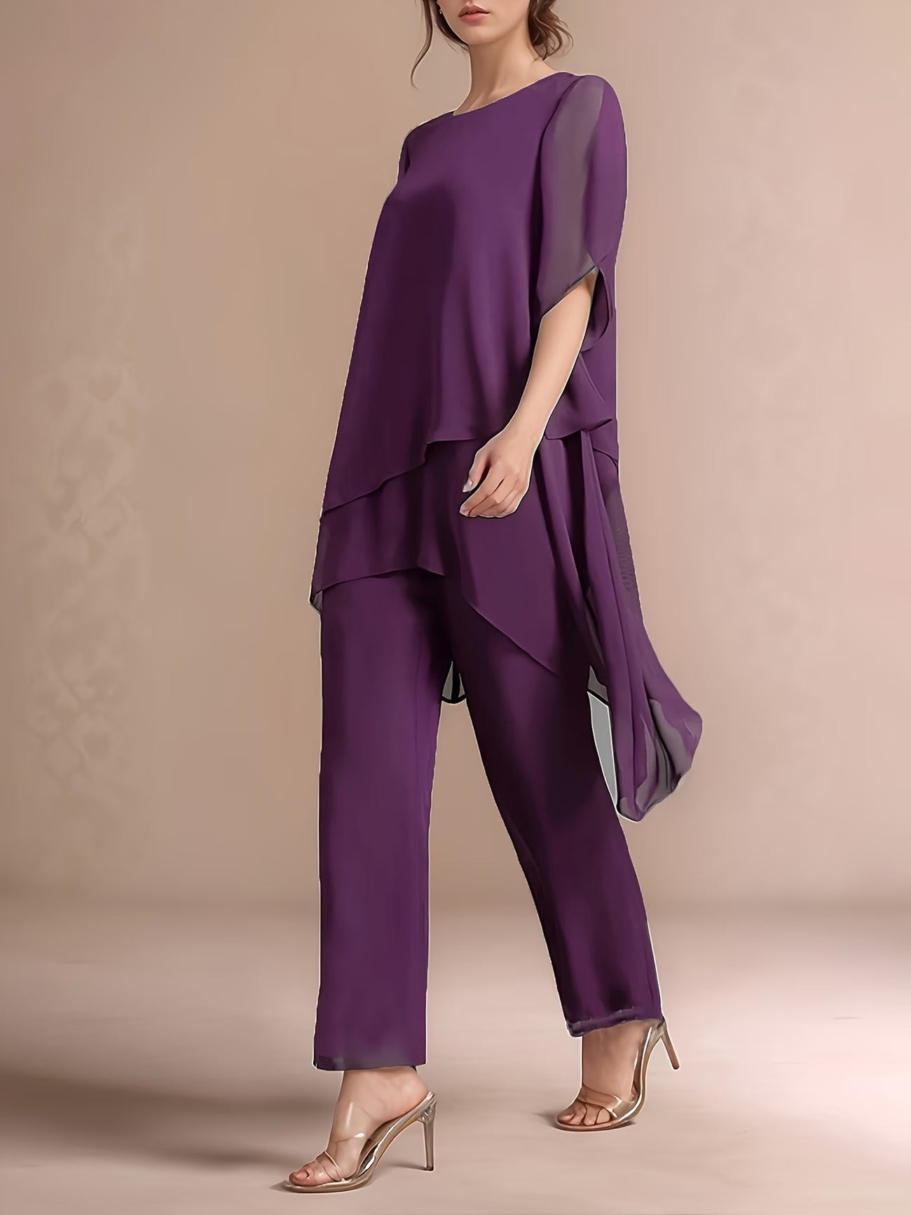Women'S Chiffon Short Sleeve 2pcs Set Solid Color Irregular Elegant Party Fashion Suit