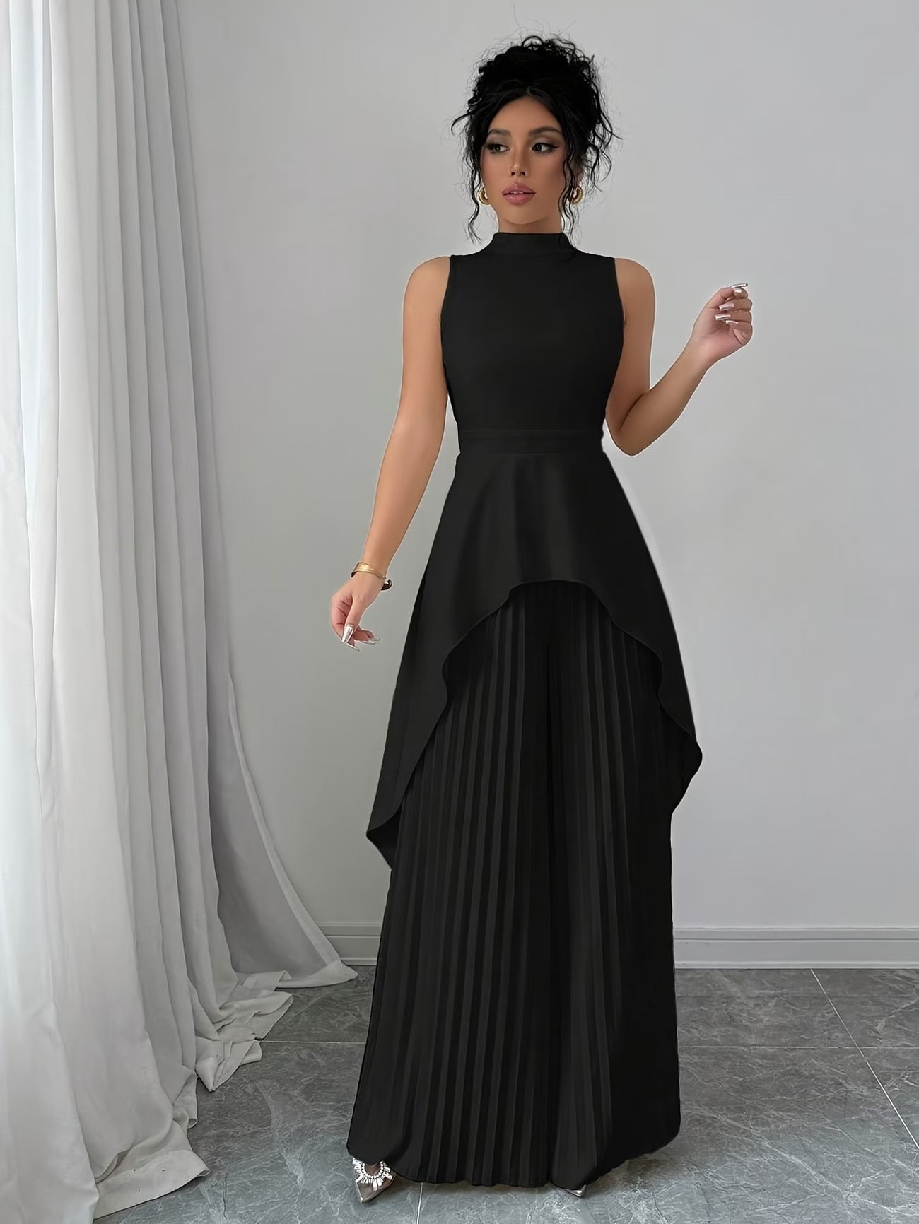 Elegant Sleeveless Stand-Collar Top & Pleated Trousers Set – Women’s Chic High-Low Two-Piece Suit