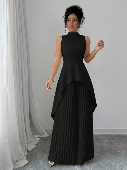 Elegant Sleeveless Stand-Collar Top & Pleated Trousers Set – Women’s Chic High-Low Two-Piece Suit