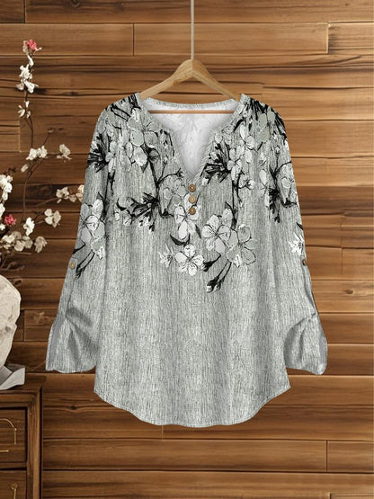 Women’s Floral Long-Sleeve Shirt with Printed Pants – Stylish Two-Piece Everyday Outfit (With Tie & Button Details)